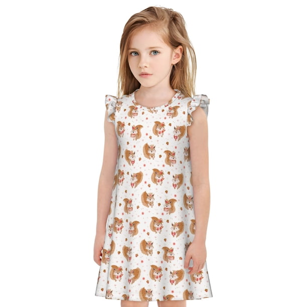 Fotbe Squirrel And Rose Vestido de Dormir para Niñas de 3 a 10 Años, Mangas Cortas, Estilo Princesa, Pijama Camisón con Mangas Voladas-Large