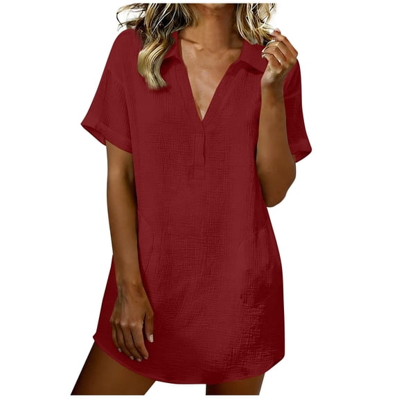 Kvture Linen Dress for Women V Neck Short Sleeve Lapel Shirt Dress Cotton Mini Dresses Casual Solid Beach Vacation Outfits Wine