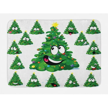 Christmas Bath Mat, Christmas Tree Cartoon with Star and Different Funny Face Expressions, Non-Slip Plush Mat Bathroom Kitchen Laundry Room Decor, 29.5 X 17.5 Inches, Green Yellow White, Ambesonne