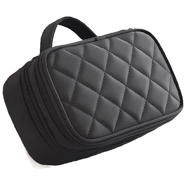 Bolsa de maquillaje pequeña, bolsa de cosméticos para mujer, organizador de maquillaje de viaje de 2 capas, bolso negro, capacidad compacta para uso diario, soporte para brochas de maquillaje, nailon