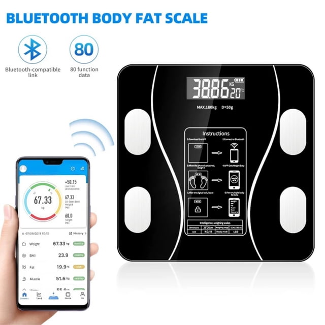 Báscula de grasa corporal inteligente, digital, pesa 180 kg, Bluetooth 7.9, datos