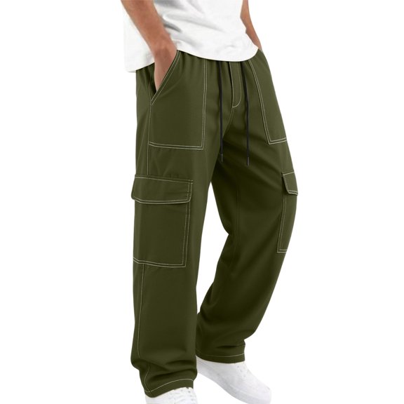 WIZUTIZ Men's Relaxed Fit Cargo Pants Contrast Stitching Elastic Waist Polyester Outdoor Casual Trousers