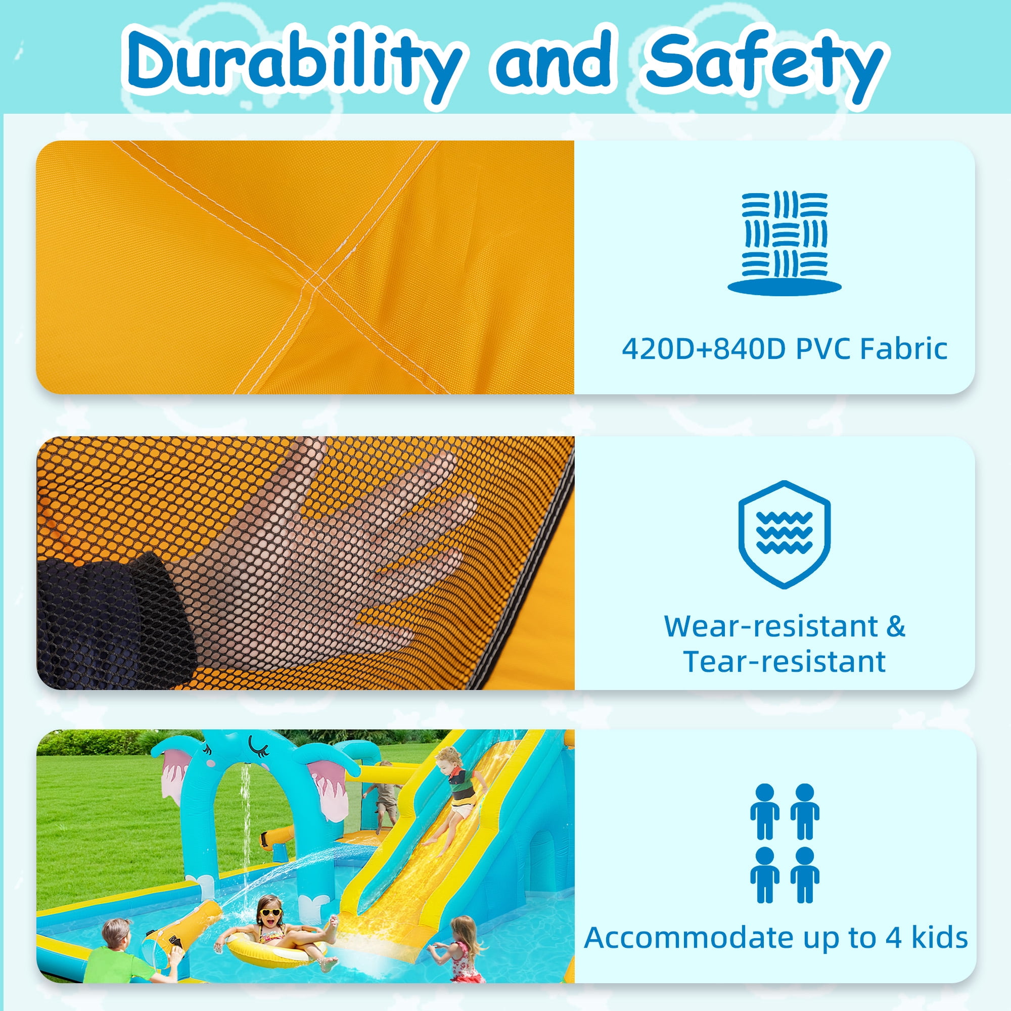 Eclife Elephant Theme Outdoor Inflatable Water Slides Bounce House for Kids 8-12 Years with Splash Pool, Climbing Wall, Air Blower, 1-Count