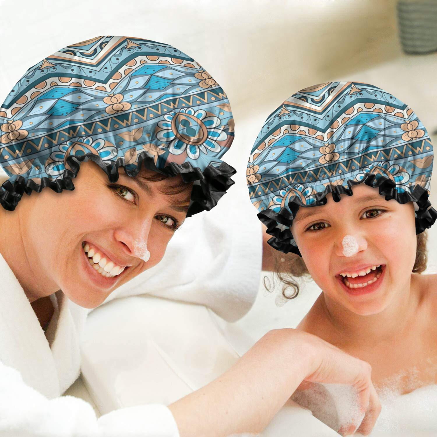Shower Caps,Blue and Orange Floral Boho Pattern Waterproof Shower Cap for Women 4 Pieces,Double Reusable Hair Cover for Shower PEVA Elastic Stretch Hem