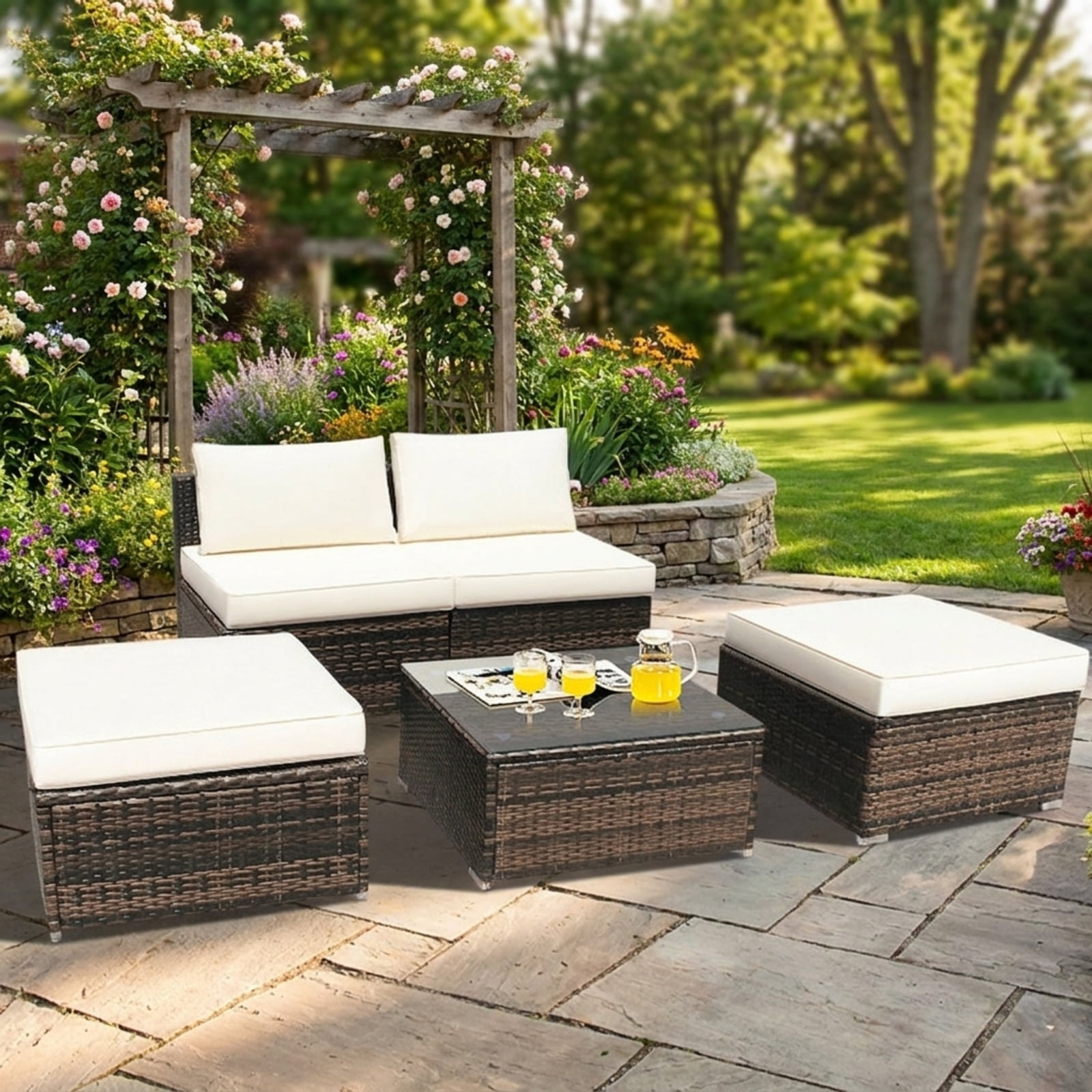 Biotree Patio Furniture Set 5 Piece Rattan outdoor sectional with cushioned armless sofa ottoman and coffee table outdoor conversation set for garden backyard porch, White