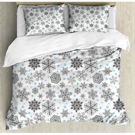 Snowflake Duvet Cover Set, Lace Style Arrangement of Snowflakes Winter
