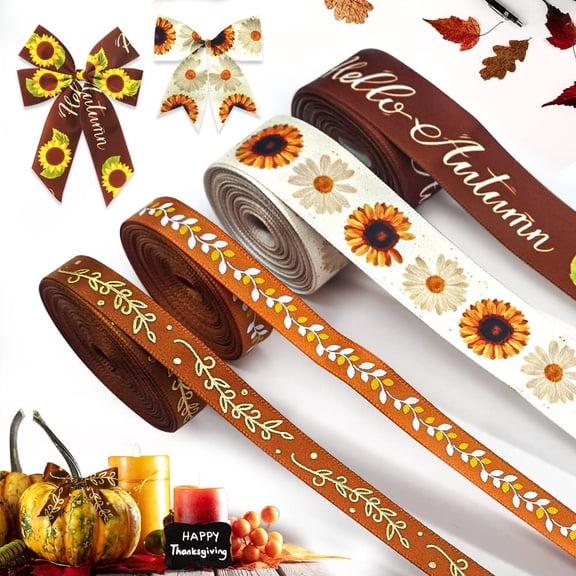 Hsomely 4 Rolls Fall Satin Ribbons, Autumn Orange Sunflower White Thanksgiving Ribbons 0.4"/0.9" X 5 Yards for Gift Wrapping DIY Party Fall Crafts Decor