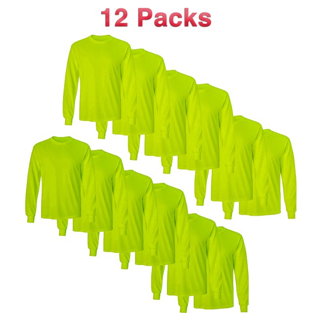 Radyan Premium Long Sleeve Safety T-Shirt, 12 Pack - 60% Cotton, 40% Polyester, Size: Adult