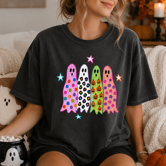 Colorful Ghosts Halloween T-Shirt, Cute Spooky Season Graphic Tee, Retro Fun Ghost Shirt, Comfort Colors Fall Apparel Gift for Her - Pepper, S