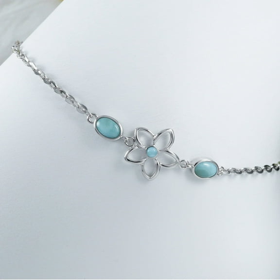 Beautiful Hawaiian Genuine Larimar Plumeria Ankle Bracelet, Sterling Silver Larimar Plumeria Anklet, A9394 Birthday Valentine Mom Gift