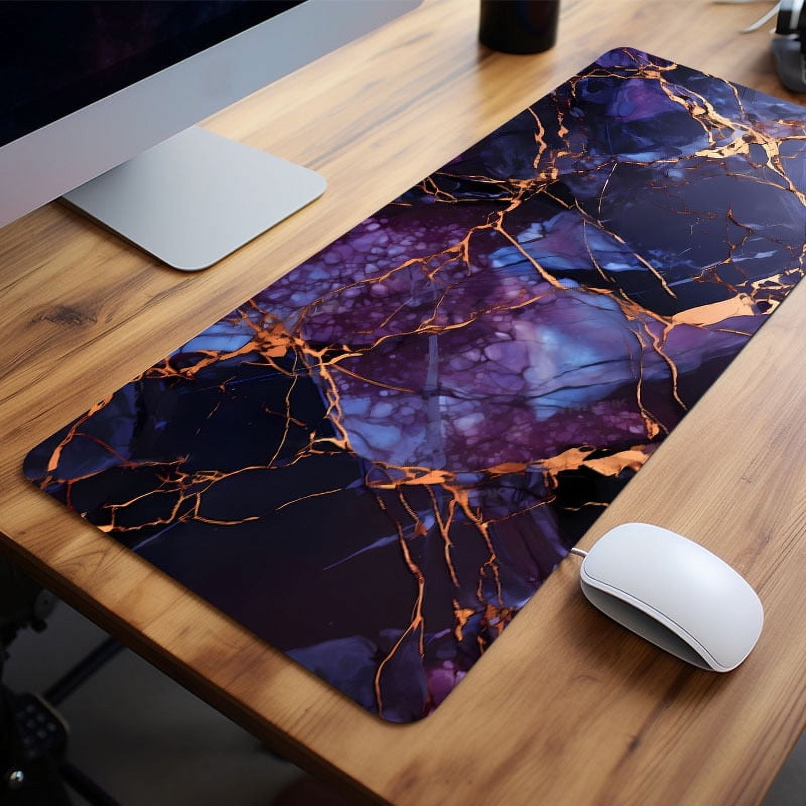 1pc Purple Golden Dark Marble Large Gaming Mouse Pad For Desk, Cool Desk Mat With Non-Slip Rubber Base Stitched Edge, Mouse Pad 31.5*15.7in For Work, Game, Office, Home, Gifts