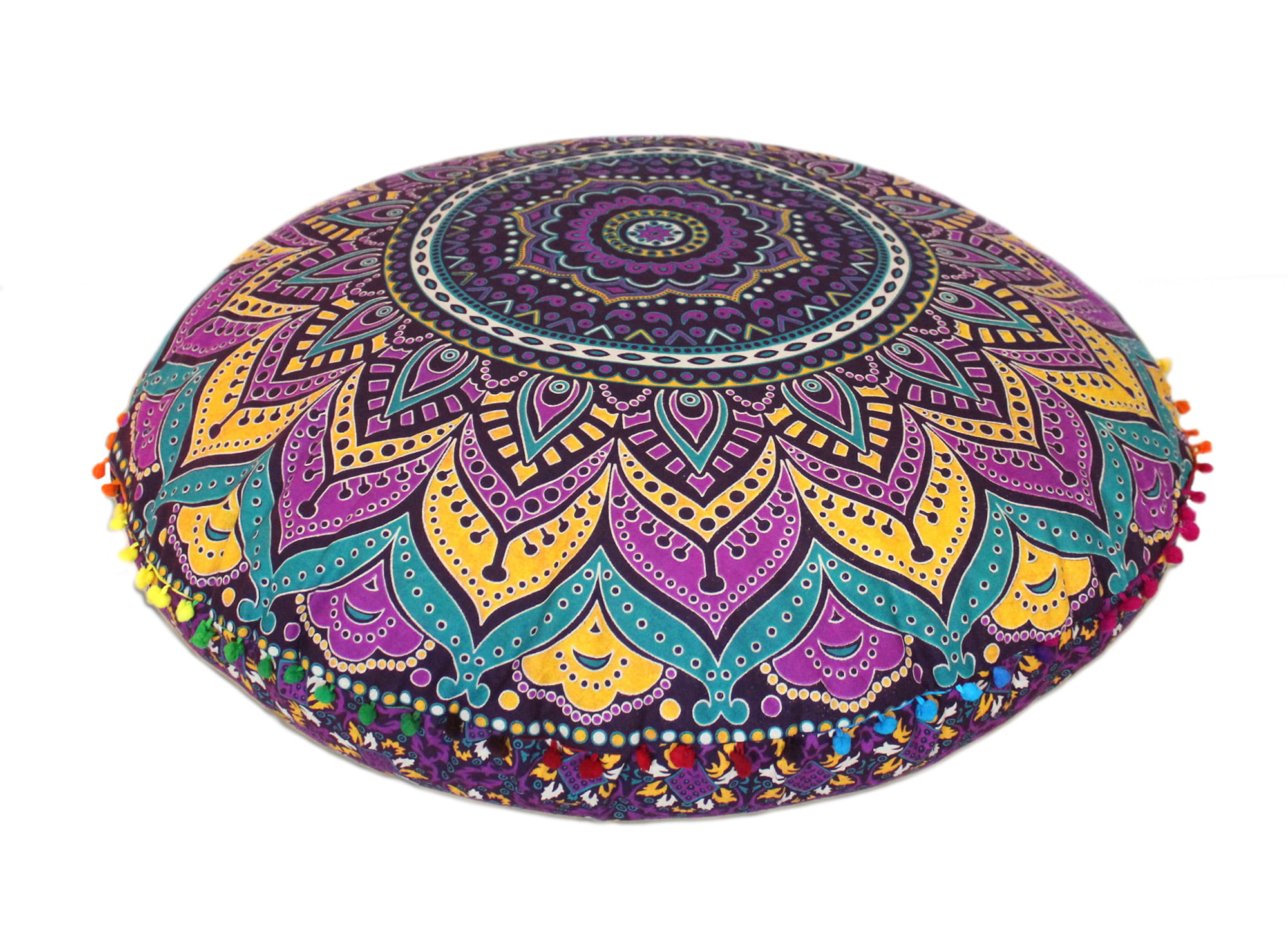 Beautiful Mandala Flower Design Round Floor Cushion Cover 35 Inches Cotton Art
