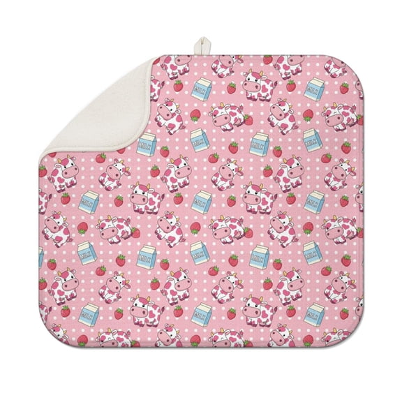 Pink Cow Milk Strawberry Pattern Dish Drying Mat for Kitchen 1 Pack, Ultra Absorbent Microfiber Dishes Drainer Mats,16"x18"
