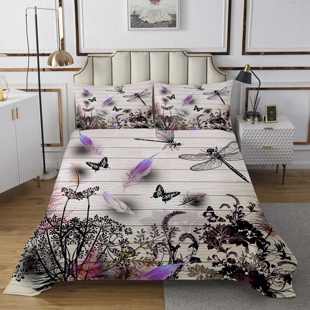 Erosebridal Ensembles de Couvre-Lits Papillon Volant Libellule Taille Jumeau, Courtepointe Florale Pissenlit de Printemps, Super Confortable 2 Pcs