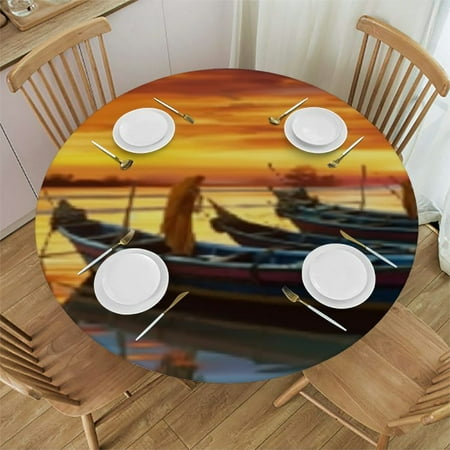 

Sunset Sailboat Round Tablecloth Edge Elastic Circle Tablecloth Waterproof Wipeable Table Cloth Sturdy Table