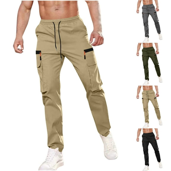 Timoontee Men's Casual Trousers Drawstring Elastic Waist Flat Front Cargo Pants Regular Lightweight Zipper Solid Pockets Workwear Pants Khaki M