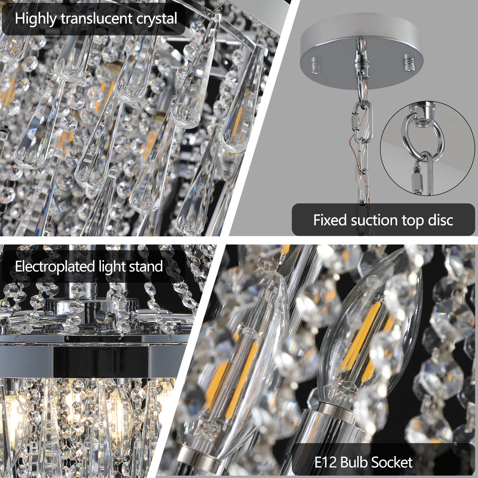 Jopath 20" Crystal Chandelier with Adjustable Height, 11-Light E12 Bulb Chrome Frame Pendant Light for Living Room, Dining Room, Staircase, (No Bulbs)