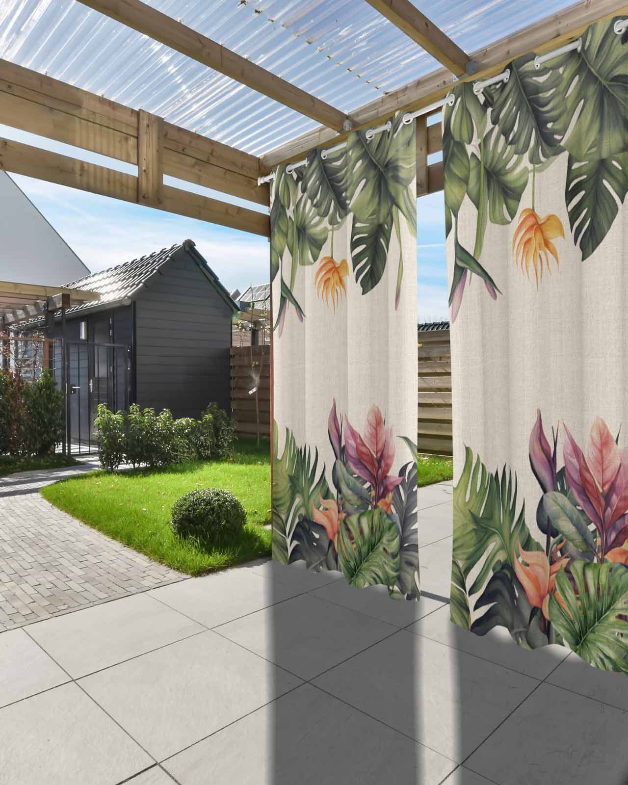 Outdoor Curtains for Patio, Palm Leaves Waterproof Blackout Outside Curtain for Porch/Pergola/Gazebo, Summer Botanical Tropical Plants Rustic Thermal Insulated Drapes, 2 Panels, 54 x 84 Inch