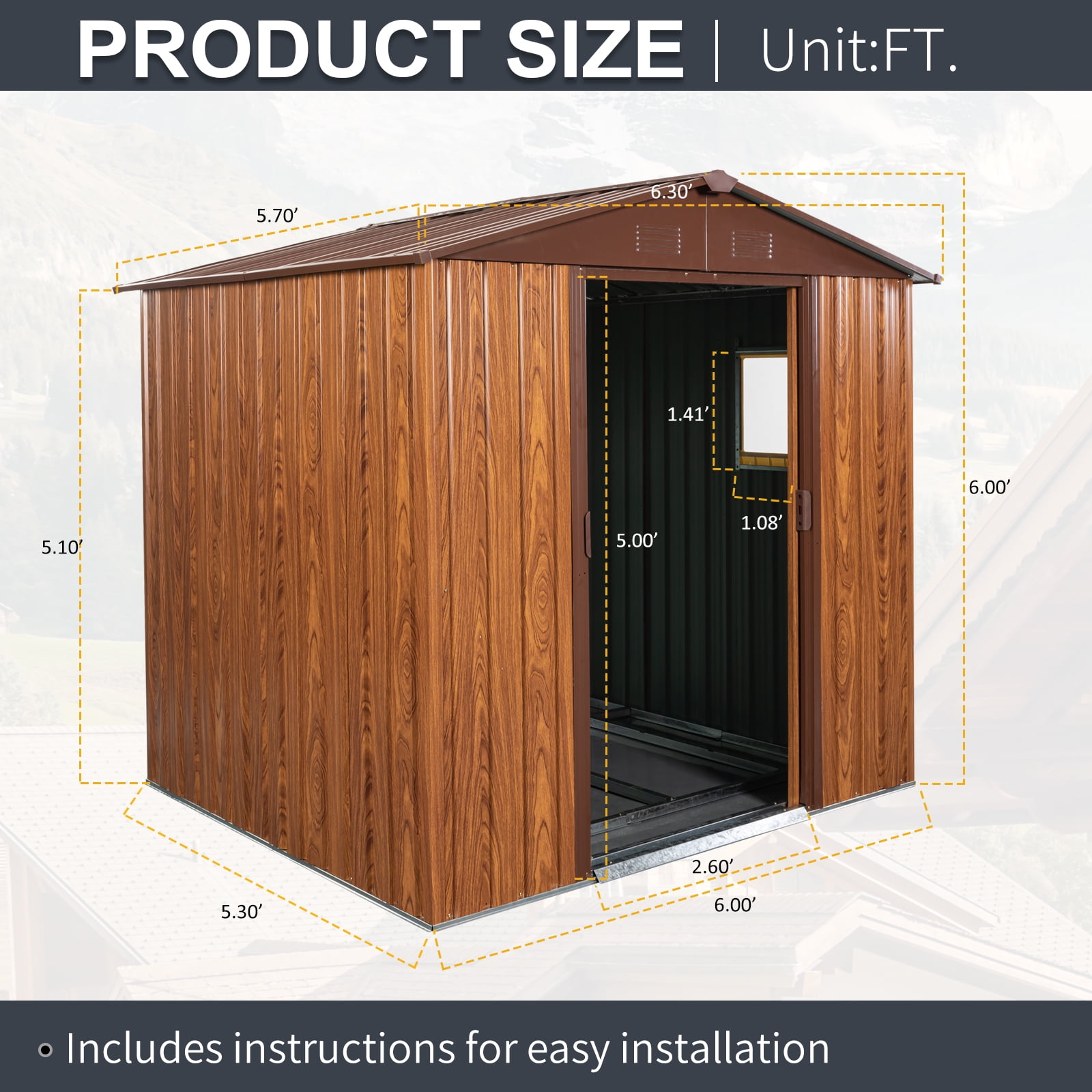 CarButler 6x6ft Metal Outdoor Storage Shed with Window and Lockable Sliding Doors for Garden Backyard Patio Lawn Coffee