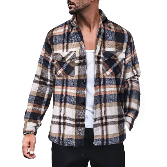 Turilly Plus Size Men's Brushed Plaid Flannel Shirt Jacket Button Down with Chest Pockets for Fall Winter Daily