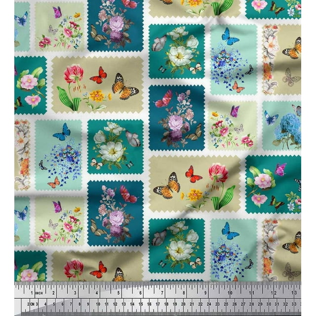Soimoi Blue Cotton Voile Fabric Floral & Insect Patchwork Print Sewing Fabric BTY 42 Inch Wide