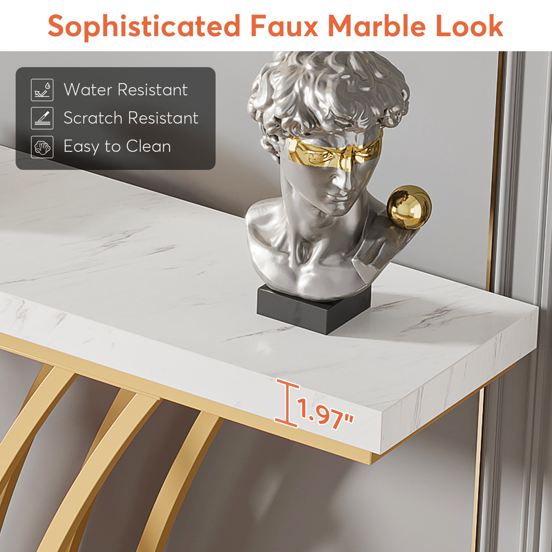 Tribesigns Modern Faux Marble Console Table, 59" Narrow sofa Entryway Tables with Metal Base for Living Room, Hallway and Foyer,White & Gold