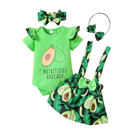 

jaweiwi Toddler Baby Girls Jumpsuit Outfits Set 0 3M 6M 9M 12M 18M Summer Short Sleeve Rompers and Fruit Printed Suspender Skirt Headband