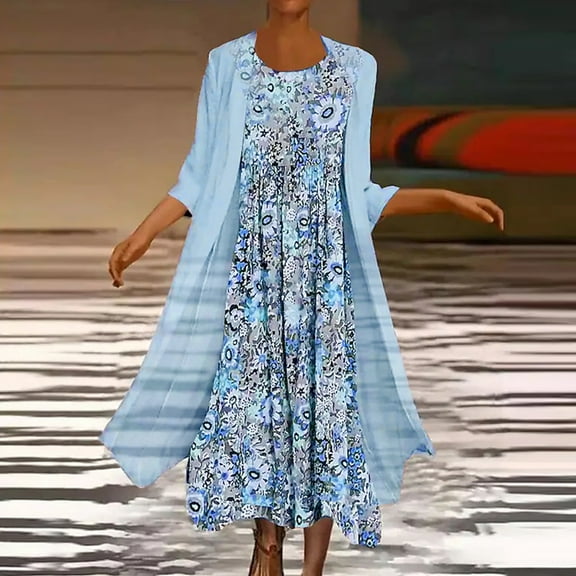 up to 60% off Gifts Usmixi Formal Dresses for Women Sleeveless Round Neck Floral Print Summer Maxi Dresses 2 Pieces Cardigan Sets Loose Pleated Swing Tank Dress Blue m