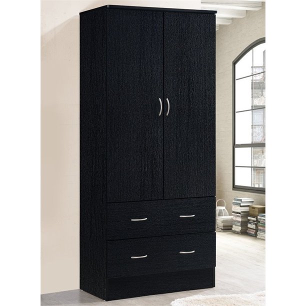 Hodedah 2 Door Armoire with 2 Drawers and Clothing Rod in Black 