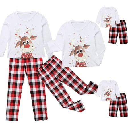 

Christmas Family Matching Pajamas Outfit Dad Mom Kids Deer Print Tops+Plaid Pants Sleepwear Lounge wear Set Kids-5/6T