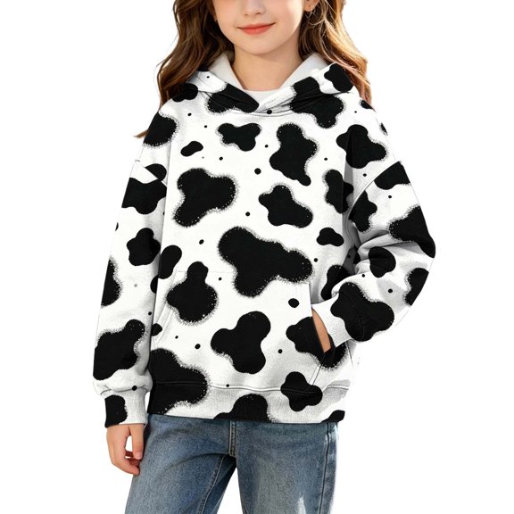CINVREST Teen Girls Cow Print Hoodie Faashion Long Sleeve Hooded Pullover Top Warm Casual Oversized Hoodie With Pocket (13 Years, Black-03)