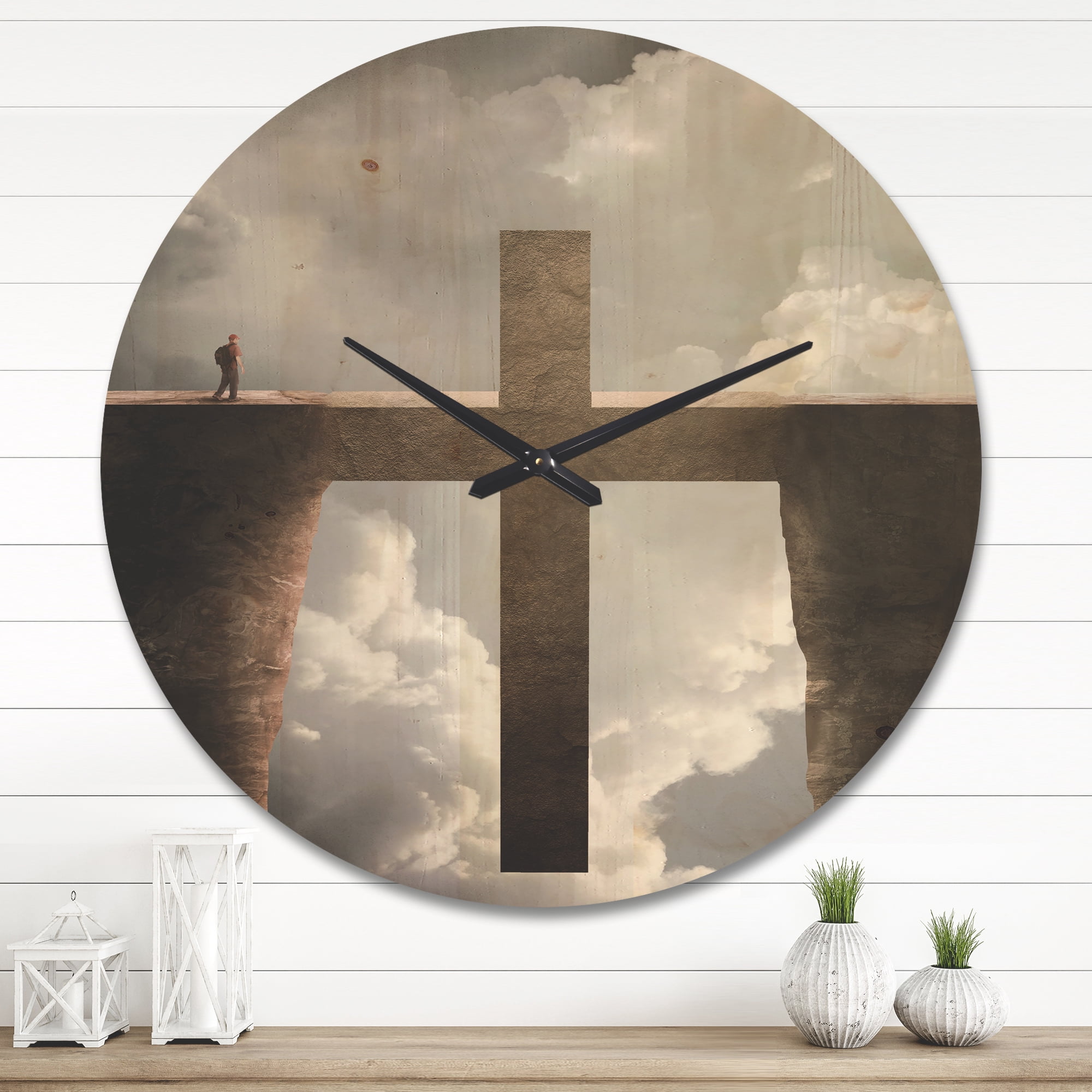 Designart 'Man and Big Cross between Two Cliffs ' Modern Wood Wall Clock