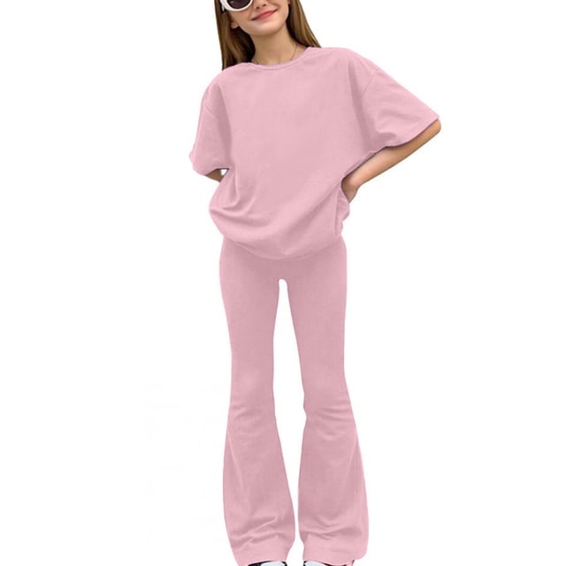 Conjuntos de blusas y camisas de cuello redondo y manga corta para niños, camisetas de manga corta de color liso y pantalones largos, conjunto de dos piezas para niñas, top de poliéster