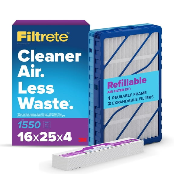 Filtrete 16x25x4 Refillable Air Filter Kit, MPR 1550 MERV 12, Ultra Allergen Reduction, 1 Reusable Frame with 2 HVAC Filters