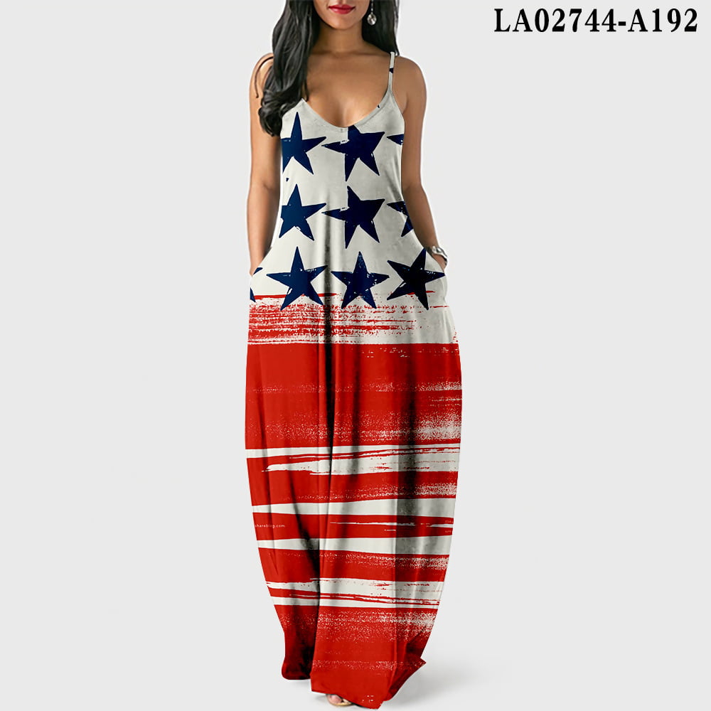 Women Casual Summer Spaghetti Strap V-Neck Loose Plus Size Long Maxi Dress with Pocket 