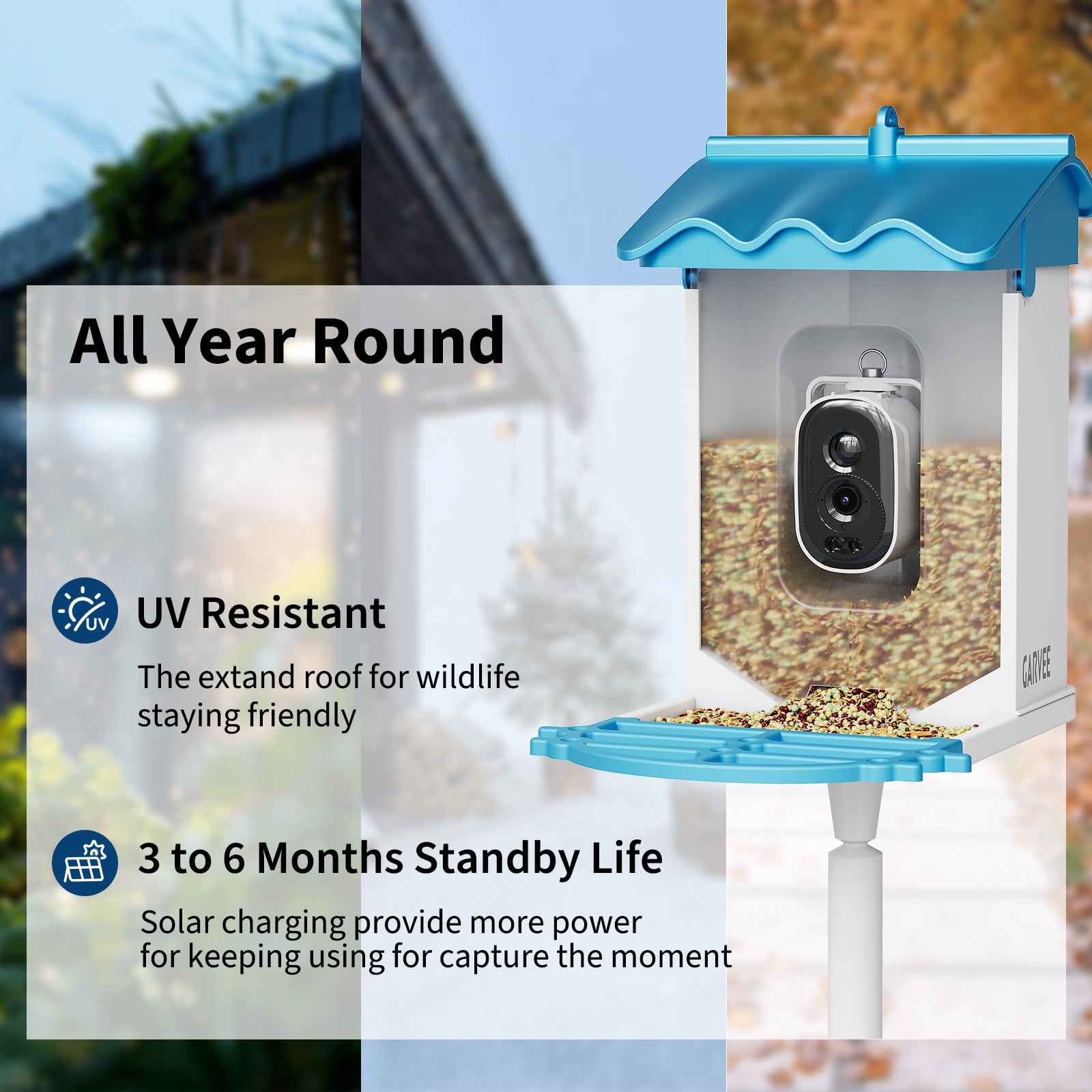 Solar-Powered Smart Bird Feeder with 4K Camera, AI Bird Recognition, Night Vision, App Alerts, Auto Recording, Squirrel Proof, Outdoor Wildlife Monitor, Blue