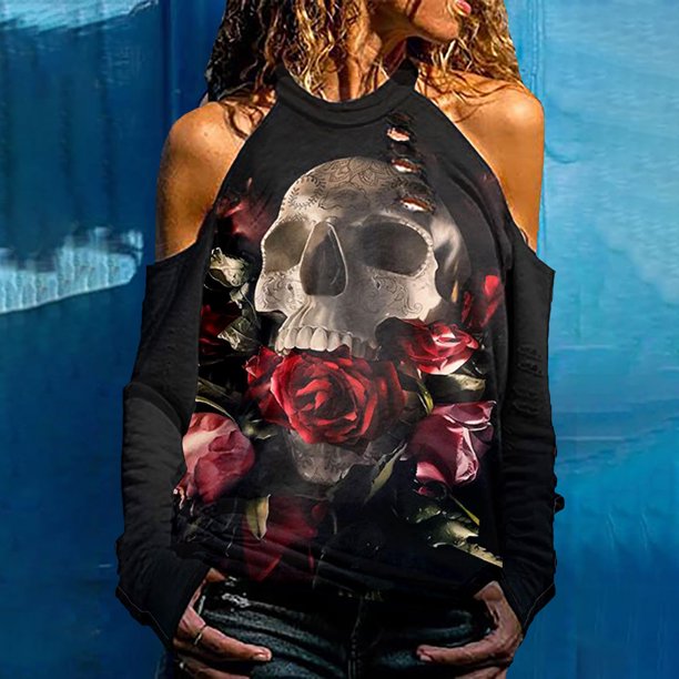 Puntoco Blusa de manga larga con hombros descubiertos y estampado casual sexy para mujer Puntoco Puntoco-7510