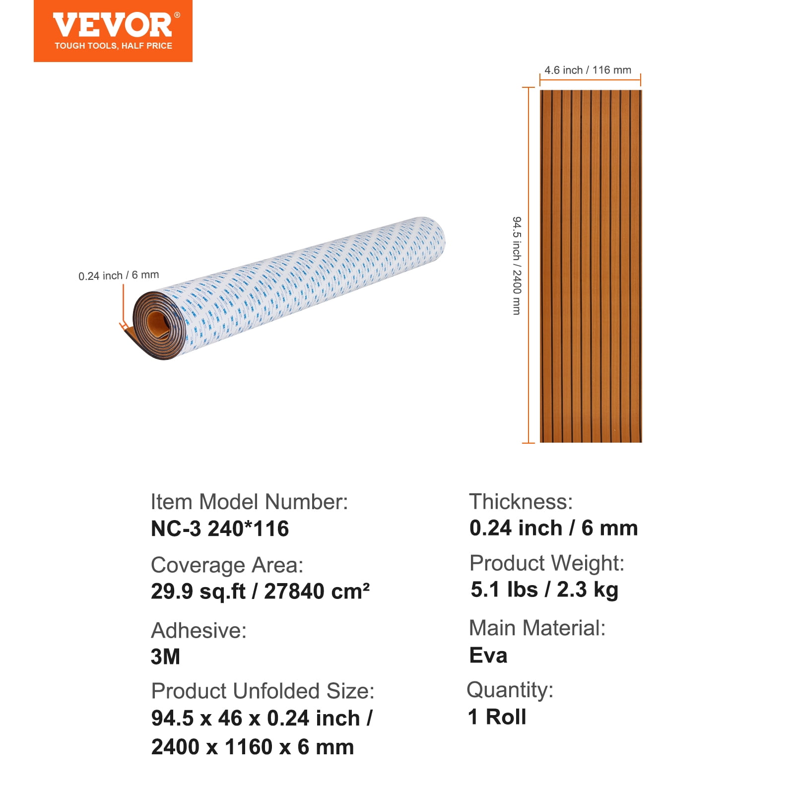 VEVOR Boat Flooring, EVA Foam Boat Decking 94.5" x 46", Non-Slip Self-Adhesive Flooring, 29.9 sq.ft Marine Carpet for Boats, Yacht, Pontoon, Kayak Decking