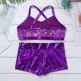 thumbnail image 3 of Raenseen Kids Girls 2-Piece Sports Dance Outfits Crop Tops with Booty Shorts Gymnastics Workout Purple 10, 3 of 5