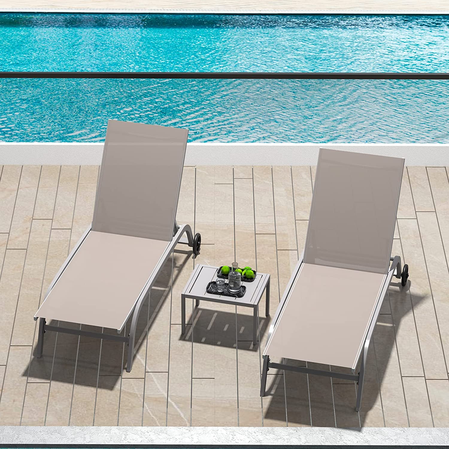 Domi Chaise Lounge Outdoor Set of 3, Lounge Chairs for Outside with