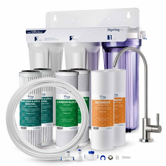 iSpring 3-Stage Under Sink Tankless Water Filtration System, Bacteria and Viruses Removal, w/ Up to 1-Year Replacement Filter Set & Fridge Connection Kit (Model: US31-BV)