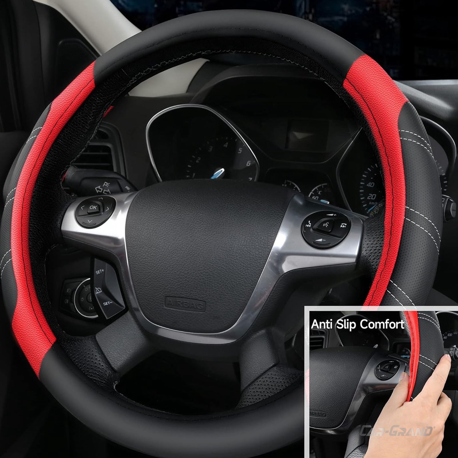 CAR GRAND Leather Steering Wheel Cover and Waterproof Carpet Car Floor Mats,Universal Fit Combo Pack Sedan,SUV,Cars, 14.5" to 15" Sporty Anti-Slip Red