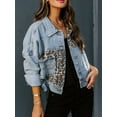 thumbnail image 6 of Womens Button Down Distressed Leopard Denim Jean Jacket Washed Long Sleeve Ripped Cheetah Jean Coat Blue XL, 6 of 8