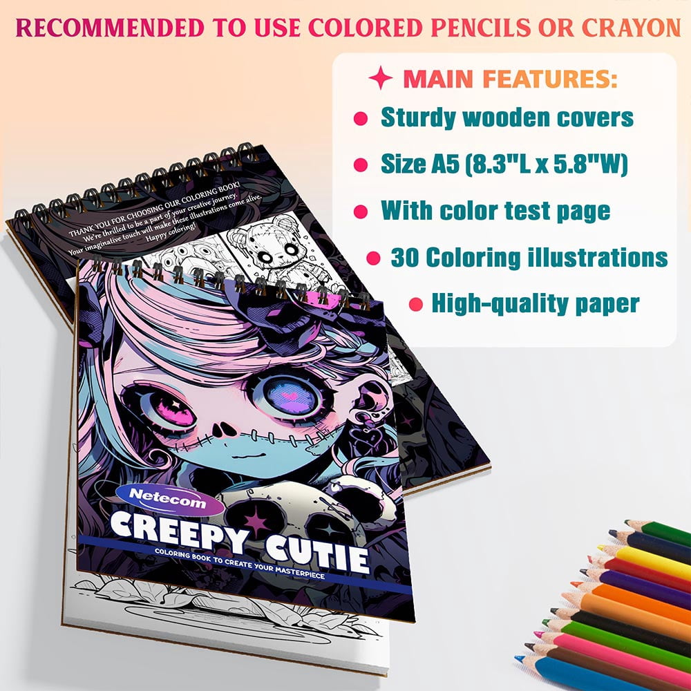 Netecom Creepy Cutie Coloring Book Spiral Bound For Adults, A5 Wooden Cover, 30 Delightful Coloring Pages of Playful Monsters for Stress Relief and Relaxation