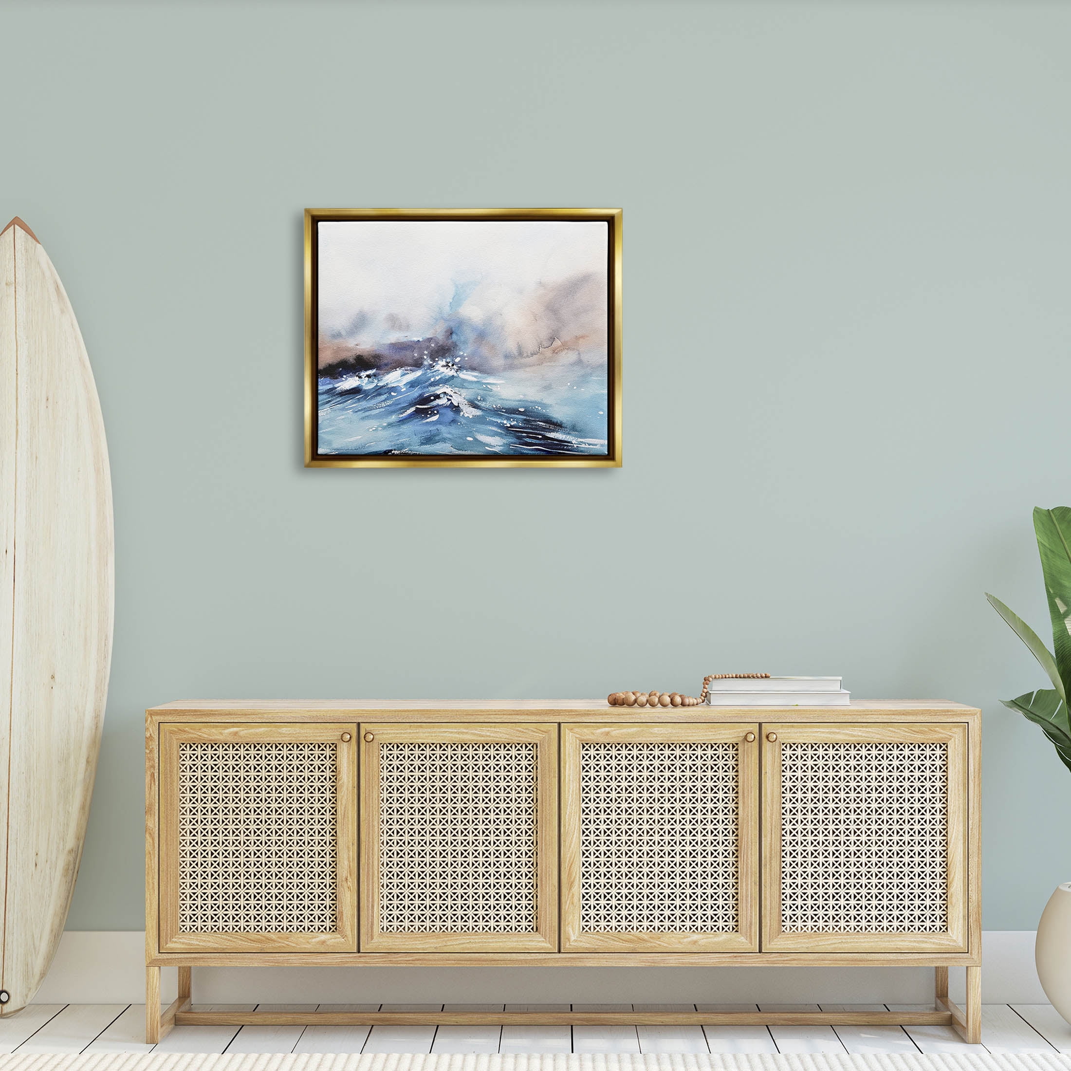 Abstract Crashing Ocean Waves Coastal Painting Metallic Gold Framed Art Print Wall Art