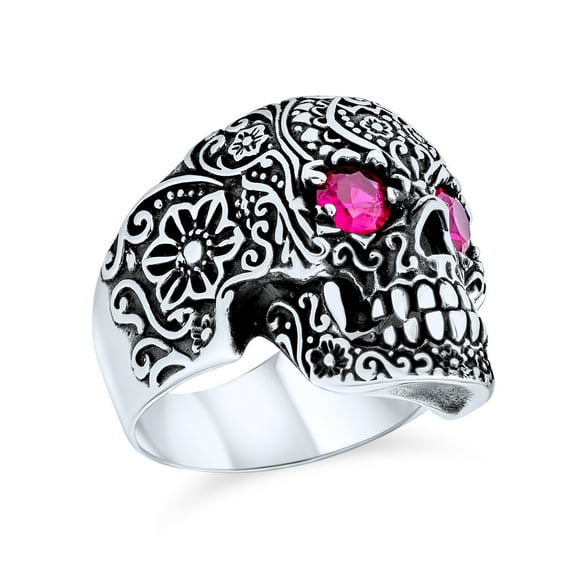Bling Jewelry Mens Mens Stainless Steel Biker Skull Ring Simulated Red Ruby CZ Eyes