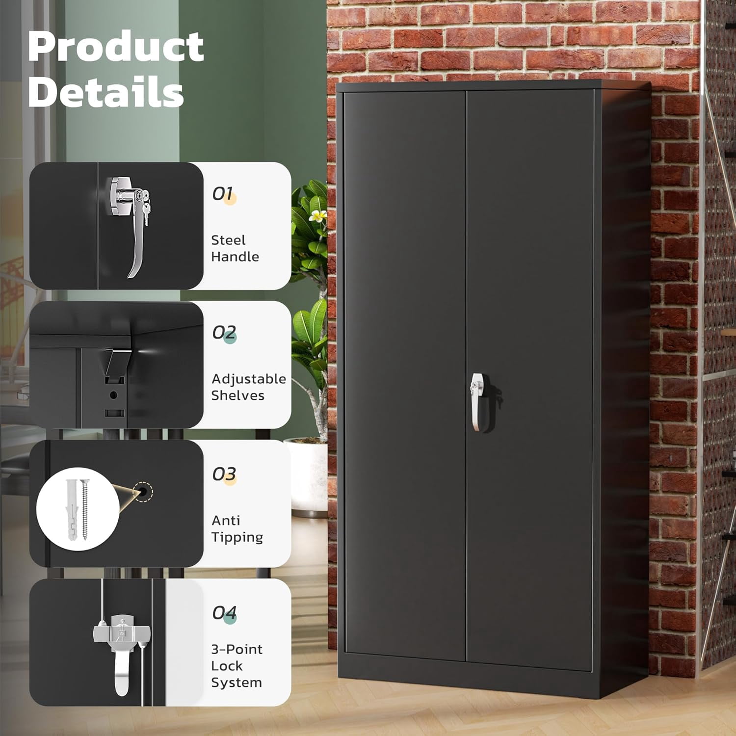 SOLAURA 72 inches Tall Metal Garage Storage Cabinets, Lockable Steel Storage Cabinet with Doors and Adjustable Shelves for Office, Home, Shops, Garage, Assembly Required, Black