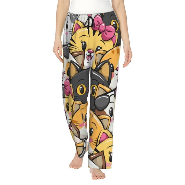 Balery Cute Cat Cartoon Pantalones de pijama para mujer, pijamas ultraligeros, pantalones de estar por casa-Small