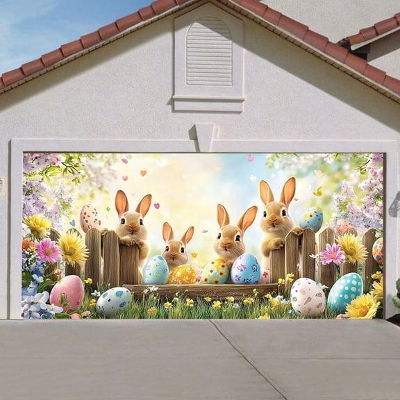 JHEHF Happy Easter Garage Door Decorations Cute Rabbit Easter Egg Door Cover Garage Door Banner Spring Party Background Outdoor Indoor Wall Decor 200*150cm