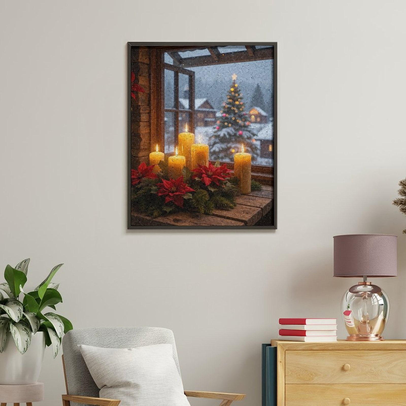 Paint by Numbers Kit for Adults, Candles Poinsettias Snowy Scene Paint by Numbers, Easy Paint by Numbers Kit for Adults Beginner, DIY Adult Paint by Number Kits on Canvas, 12x16in Home Decor